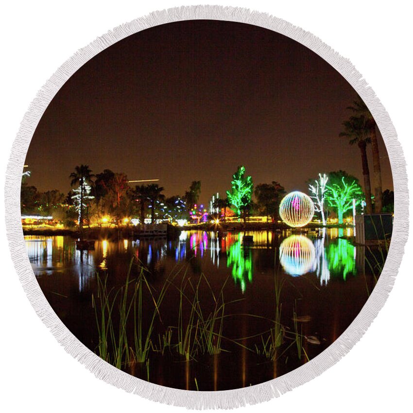  Round Beach Towel featuring the photograph Zoo Lights Reflection by Catherine Walters