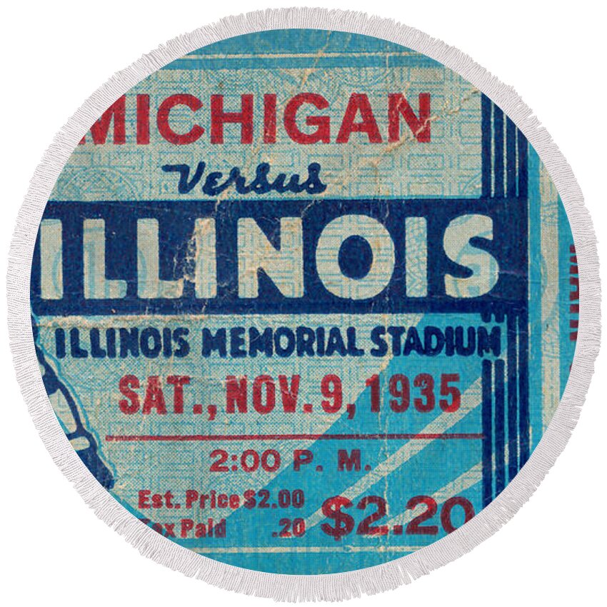 Illinois Tickets Round Beach Towel featuring the mixed media 1935 Michigan vs. Illinois by Row One Brand