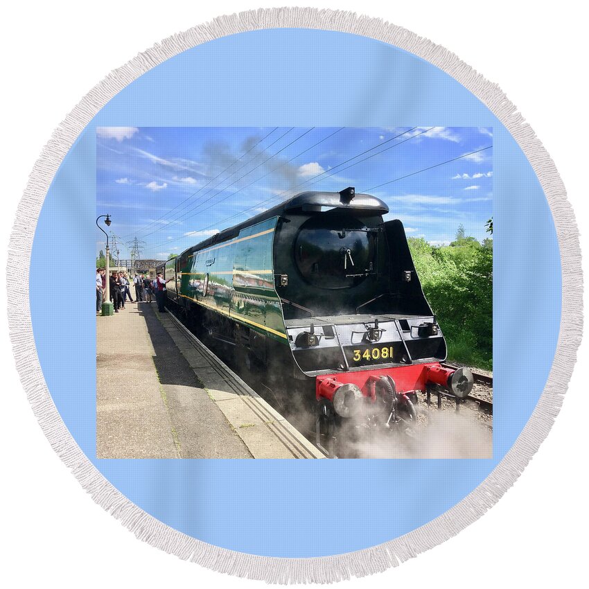 249 Squadron Round Beach Towel featuring the photograph 34081 92 Squadron Steam Locomotive #1 by Gordon James