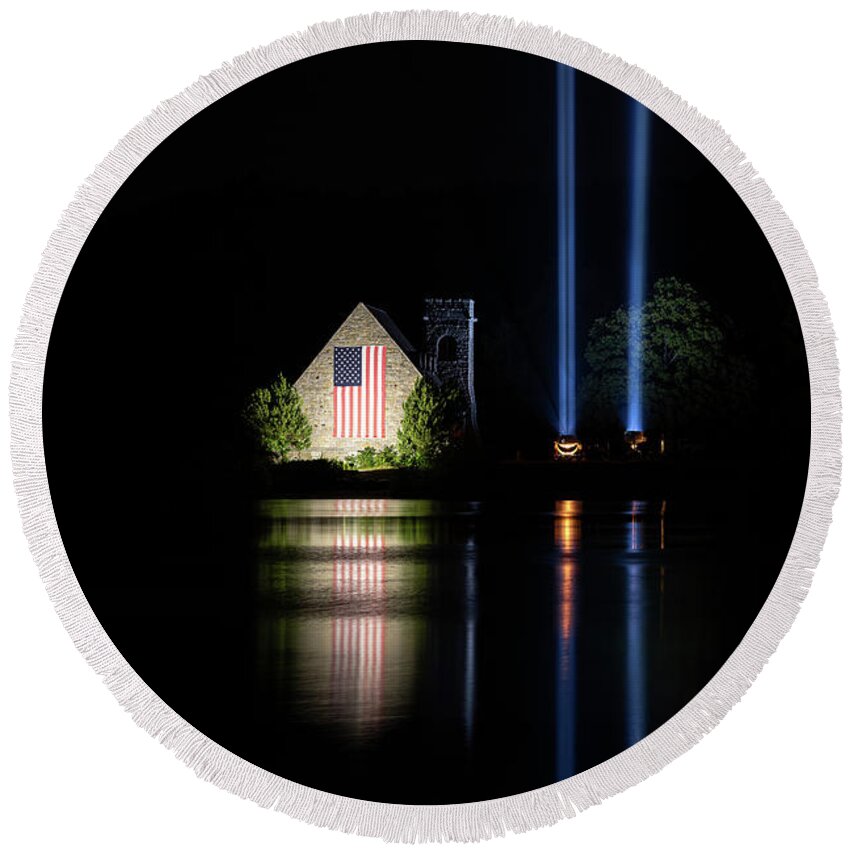 West W. Boylston Ma Mass Massachusetts 911 9/11 Memorial Tribute Newengland New England Usa U.s.a. Brian Hale Brianhalephoto Reflection Reflections Old Stone Church American America Flag Twin Towers Lightbeam Lightbeams Light Beam Beams Night Round Beach Towel featuring the photograph 911 Memorial #1 by Brian Hale