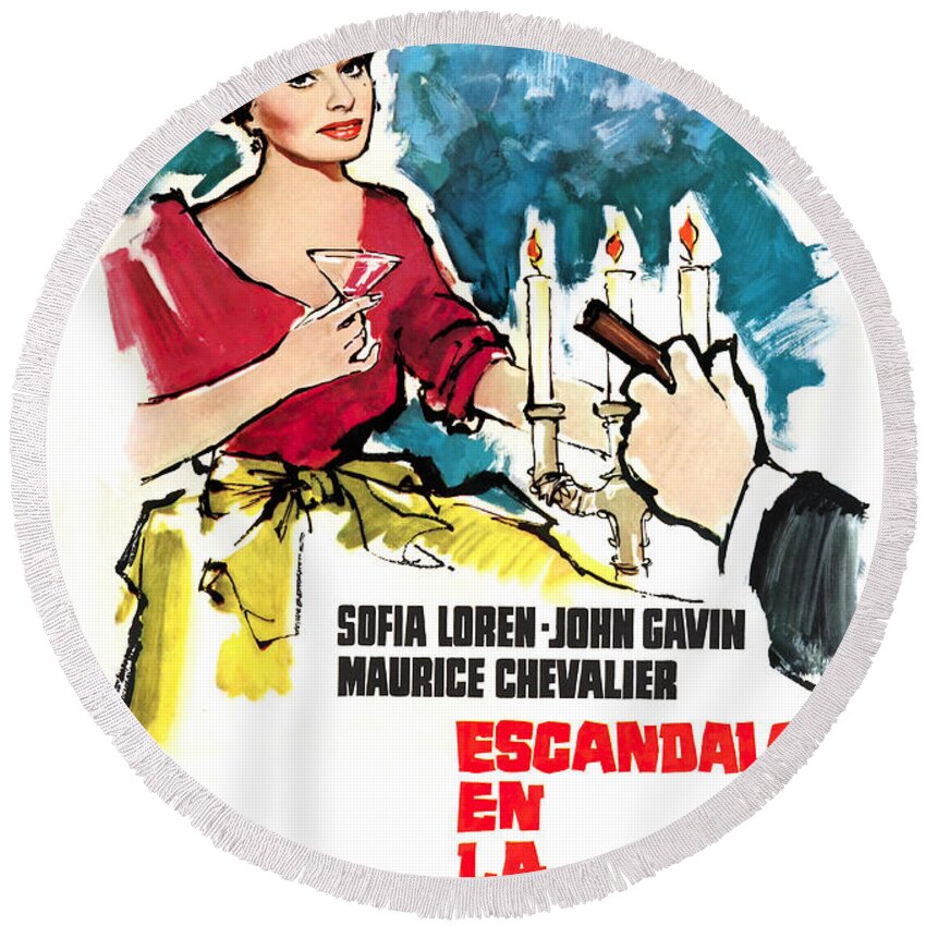 Synopsis Round Beach Towel featuring the mixed media ''A Breath of Scandal'', 1960 - art by MCP by Movie World Posters