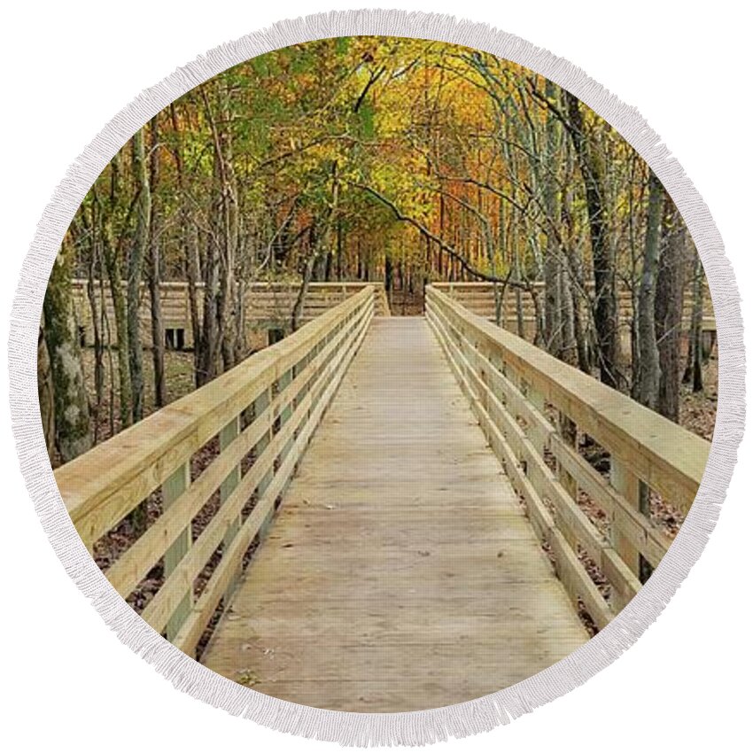 Nature Round Beach Towel featuring the photograph A Bridge Through the Forest #1 by Ally White