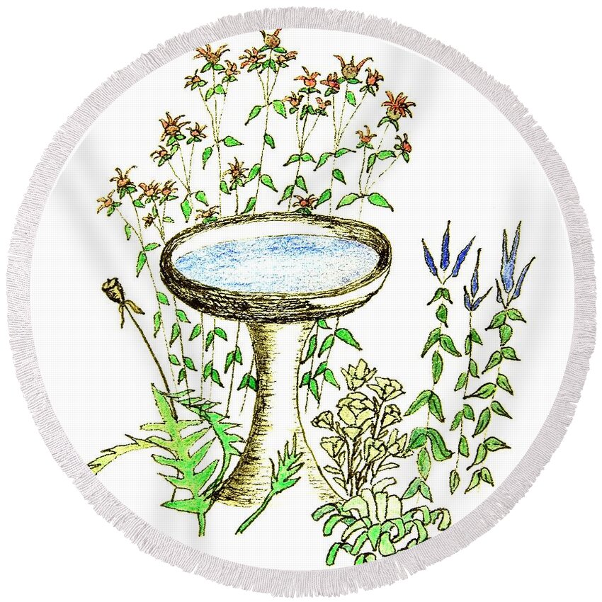Birdbath Round Beach Towel featuring the drawing A Lingering Place #2 by Karen Nice-Webb