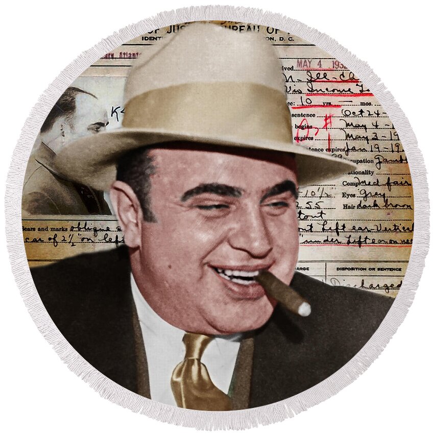 Wingsdomain Round Beach Towel featuring the photograph Al Capone Department of Justice Bureau of Investigation Criminal History Record 20200213 v2 #1 by Wingsdomain Art and Photography