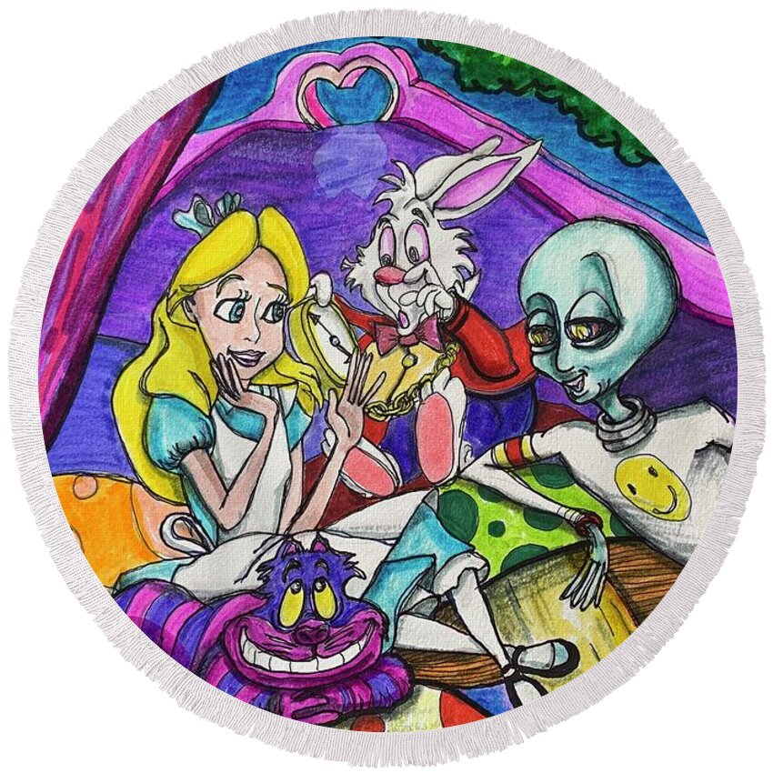 Alice In Wonderland Round Beach Towel featuring the drawing An Alien in Wonderland #1 by Similar Alien