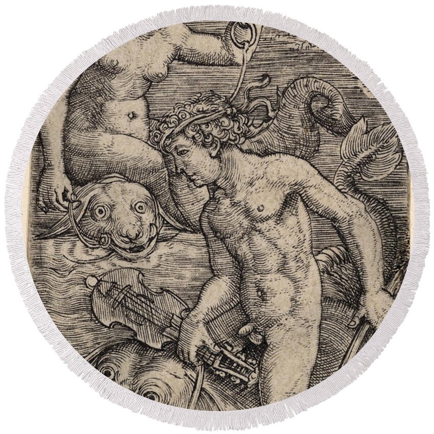 Albrecht Altdorfer Round Beach Towel featuring the drawing Arion and a Nereid #2 by Albrecht Altdorfer