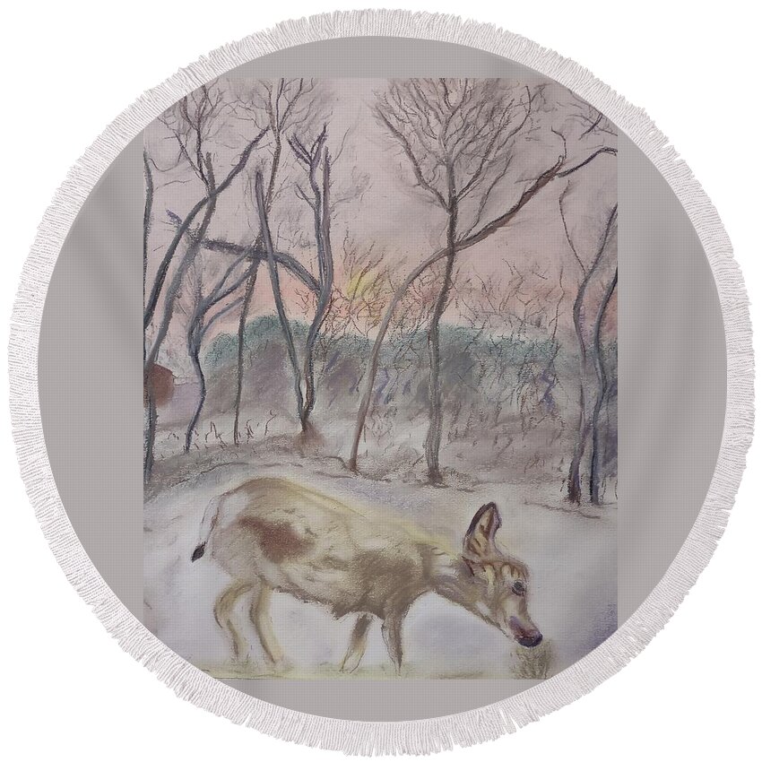 Deer Round Beach Towel featuring the pastel As The Deer by Suzanne Berthier