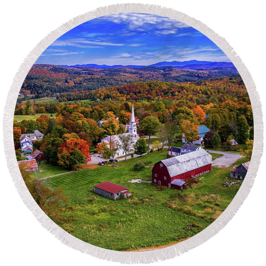 Aerial Photography Round Beach Towel featuring the photograph Autumn above Peacham #1 by Scenic Vermont Photography