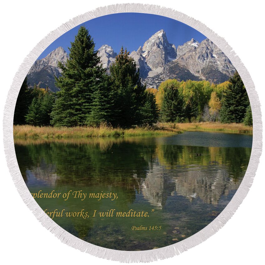 America Round Beach Towel featuring the photograph Autumn Mountain Reflection with Verse by Karen Lee Ensley