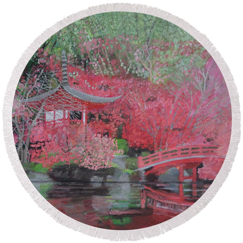 Japan Round Beach Towel featuring the painting Autumn Scene From Japan #2 by Masami IIDA