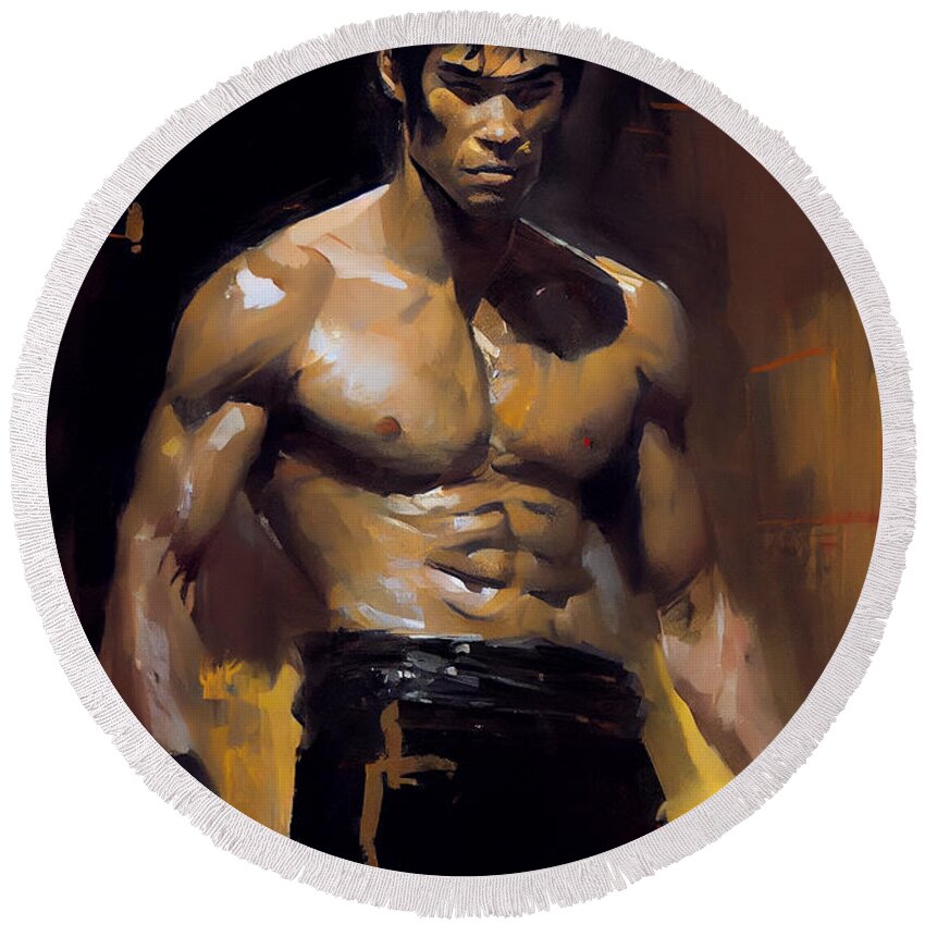 Beautiful Impressionist Painting Of Bruce Lee Art Round Beach Towel featuring the painting Beautiful Impressionist painting of Bruce Lee a by Asar Studios #1 by Celestial Images