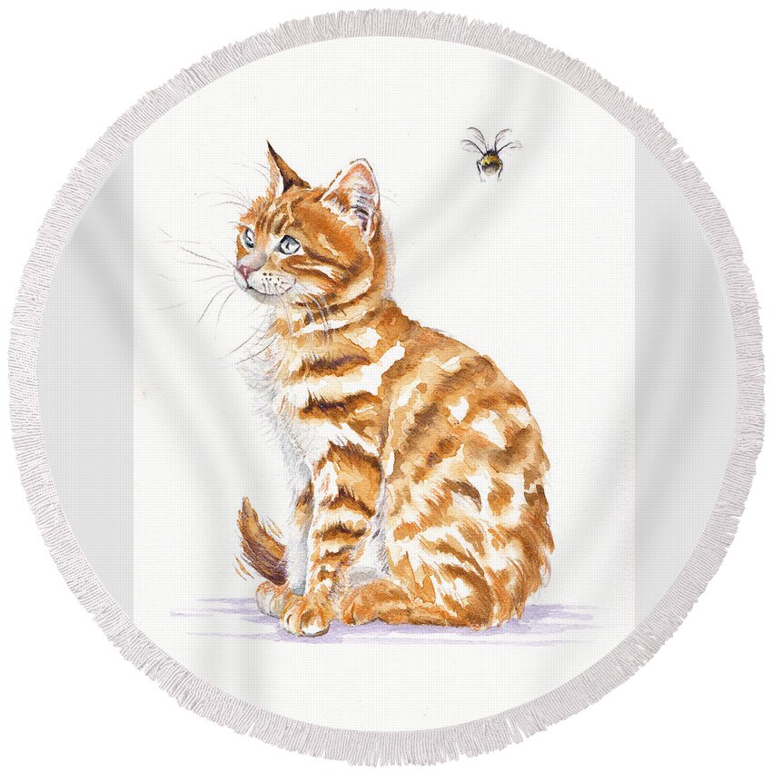 Kitten Round Beach Towel featuring the painting Tabby Cat - Bee Oblivious by Debra Hall