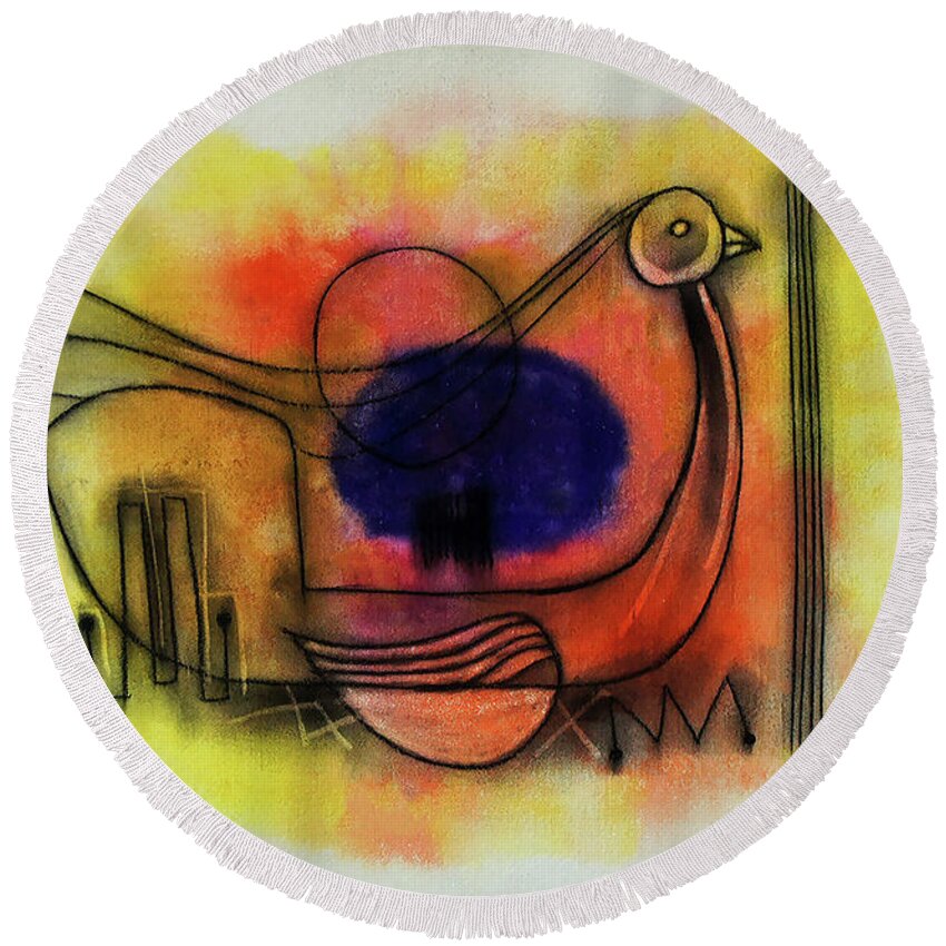 Abstract Round Beach Towel featuring the painting Bird Of Spirit by Winston Saoli 1950-1995