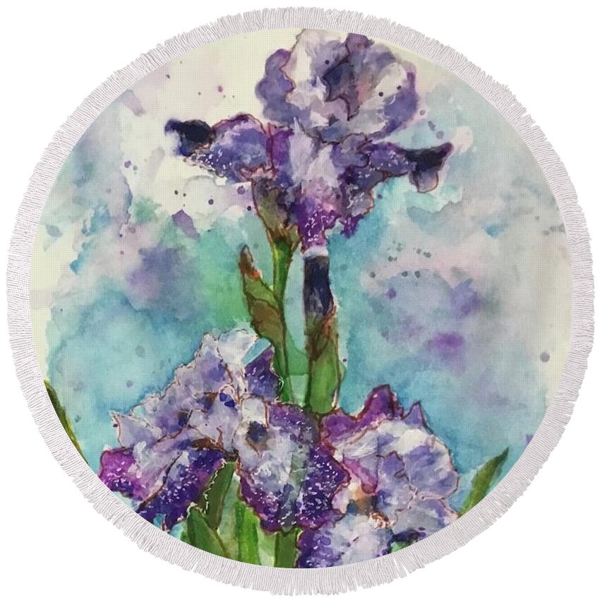 Bearded Iris Round Beach Towel featuring the painting Birthday Blessings #2 by Cheryl Wallace