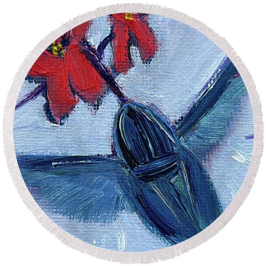 Hummingbird Round Beach Towel featuring the painting Blue Hummingbird by Roxy Rich