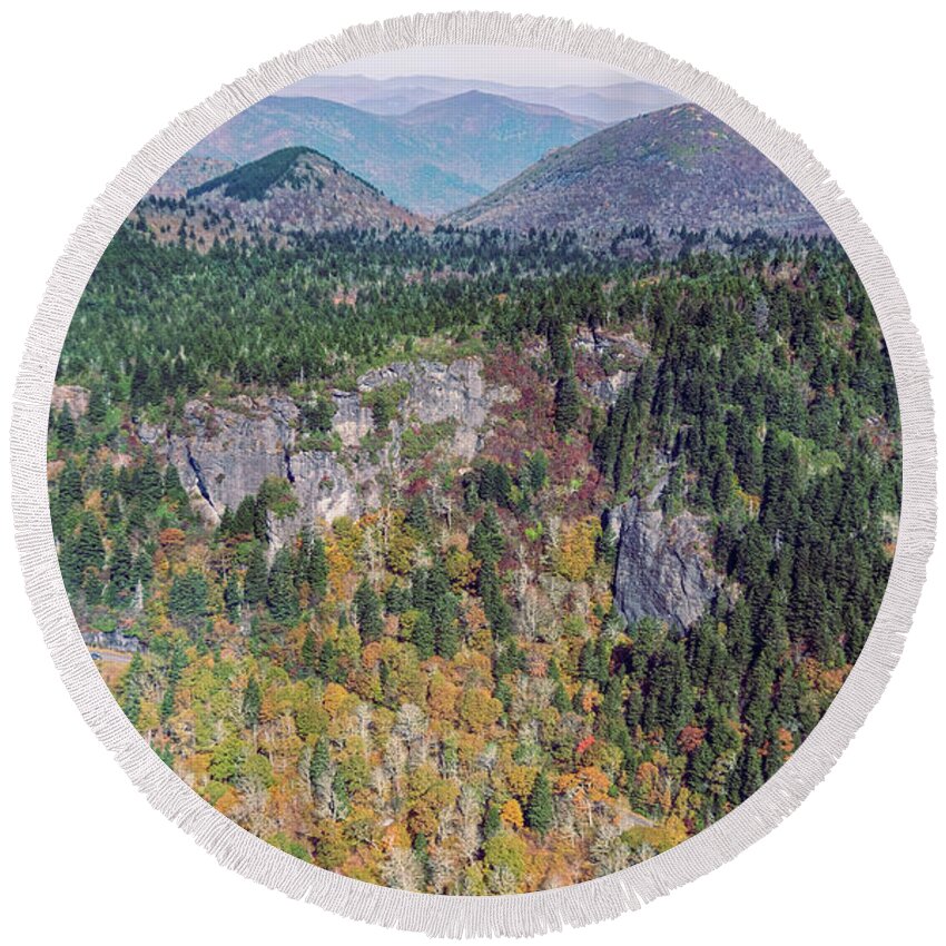 Blue Ridge Parkway Round Beach Towel featuring the photograph Blue Ridge Parkway Aerial View with Autumn Colors #3 by David Oppenheimer
