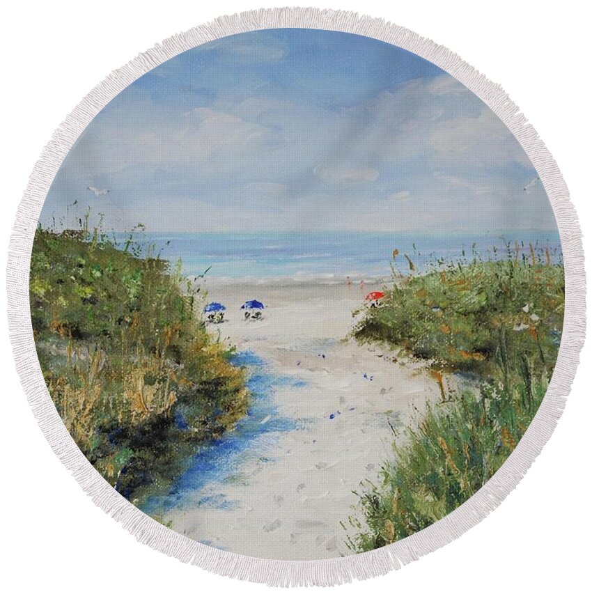 Hilton Head Round Beach Towel featuring the painting Blue Umbrellas #2 by Stanton Allaben