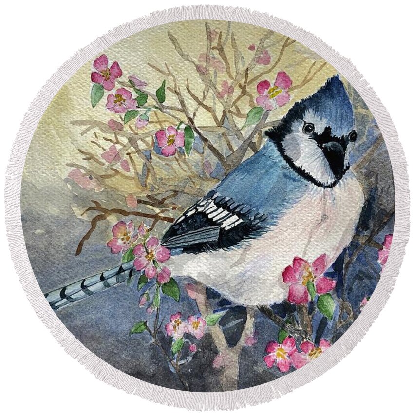 Bluebird Round Beach Towel featuring the painting Bluebird in Apple Tree #1 by Christine Lathrop