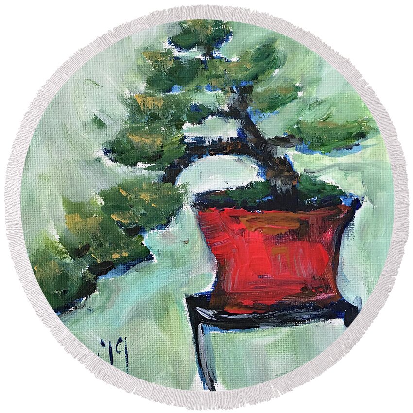 Bonsai Round Beach Towel featuring the painting Bonsai in a Red Pot by Roxy Rich