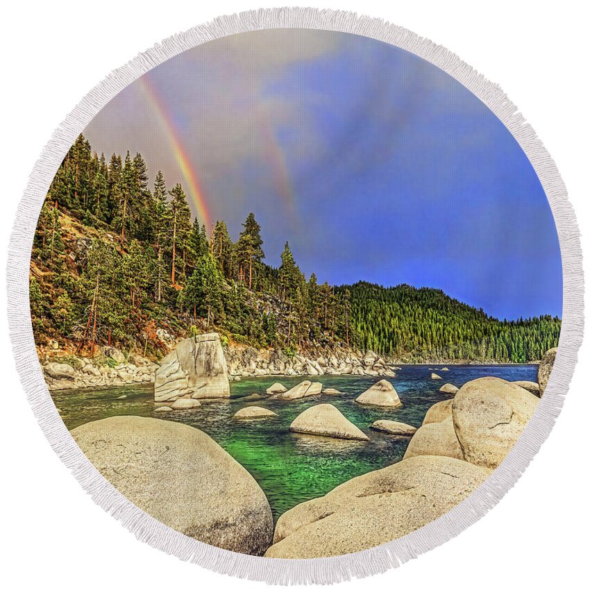 Rainbow Round Beach Towel featuring the photograph Boulder Bay Rainbows, Lake Tahoe, Nevada #1 by Don Schimmel