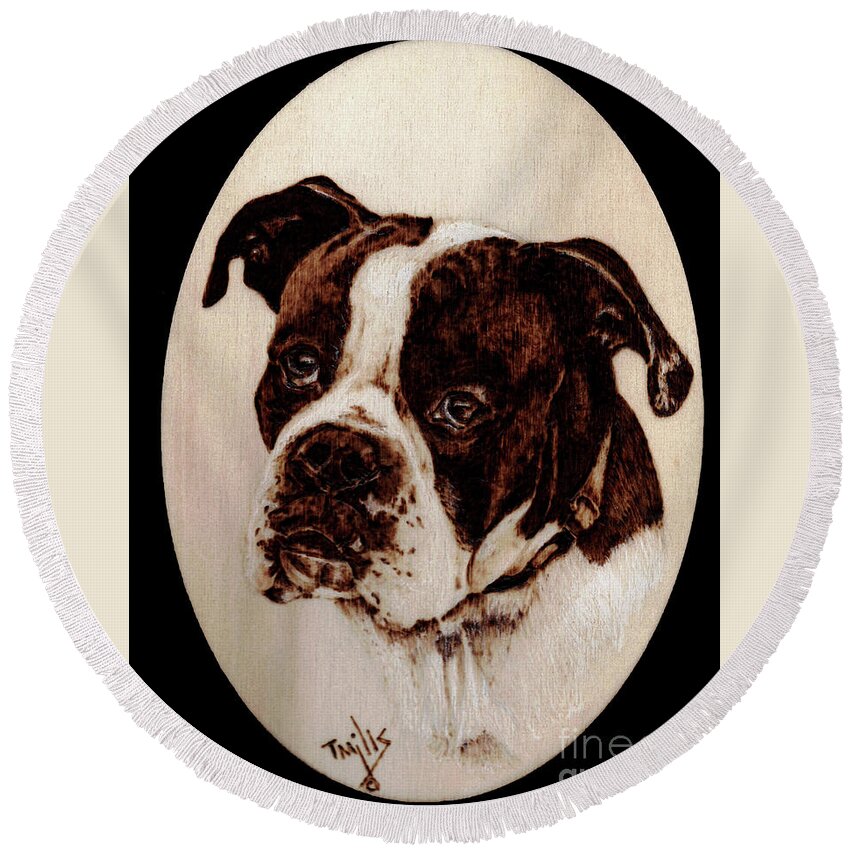 Dog Round Beach Towel featuring the pyrography Boxer Dog #1 by Terri Mills