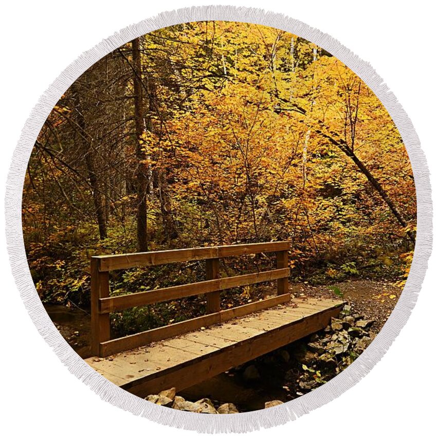 Landscape Round Beach Towel featuring the photograph Bridge to Autumn #1 by Larry Ricker