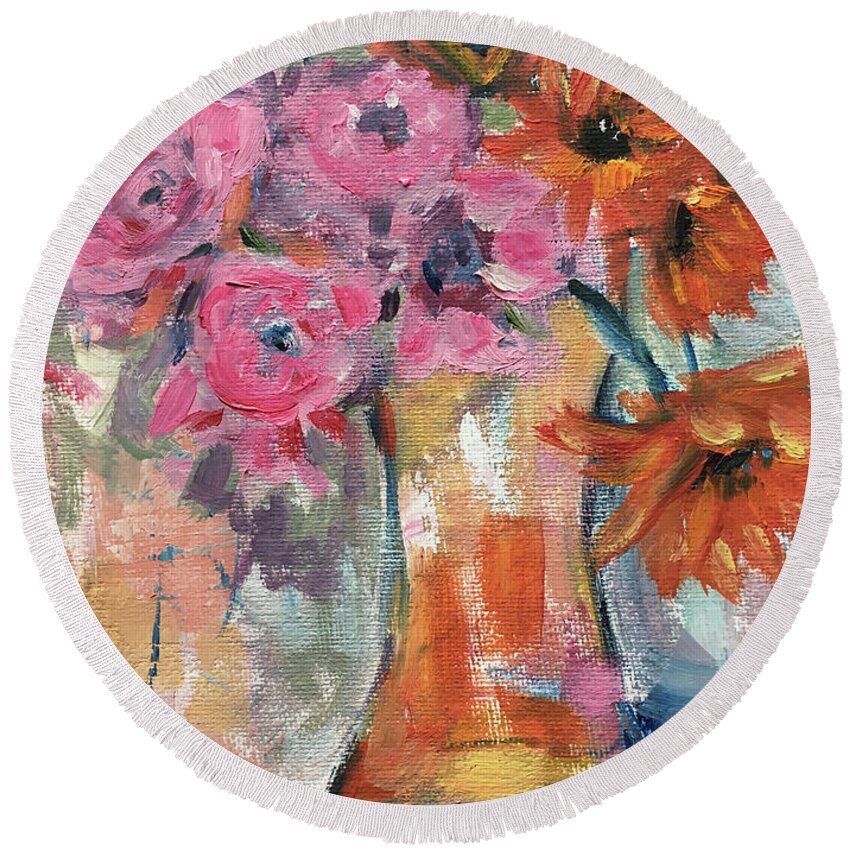 Flowers Round Beach Towel featuring the painting Bunch of Happy Flowers by Roxy Rich