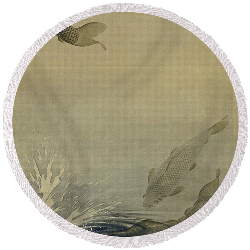 Carp Round Beach Towel featuring the painting Carp, Ohara Koson, 1887 - 1945 #1 by Artistic Rifki