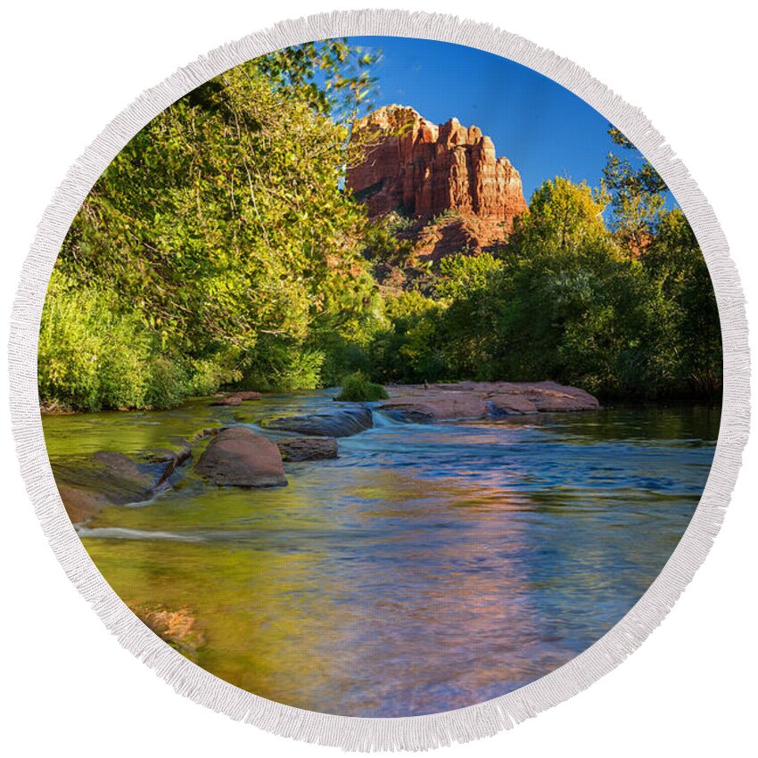 Stream Cathedral Rock Red Sedona Arizona Fstop101 Landscape Reflection Water Stream Tranquil Nature Calm Blue Sky Round Beach Towel featuring the photograph Castle Rock and Stream #1 by Geno