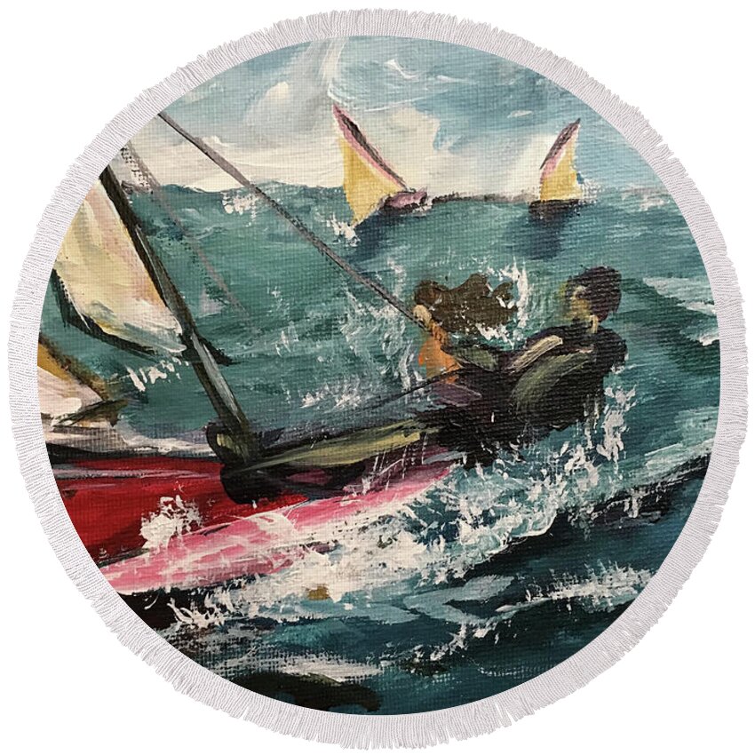 Catamaran Round Beach Towel featuring the painting Cat Sailing by Roxy Rich