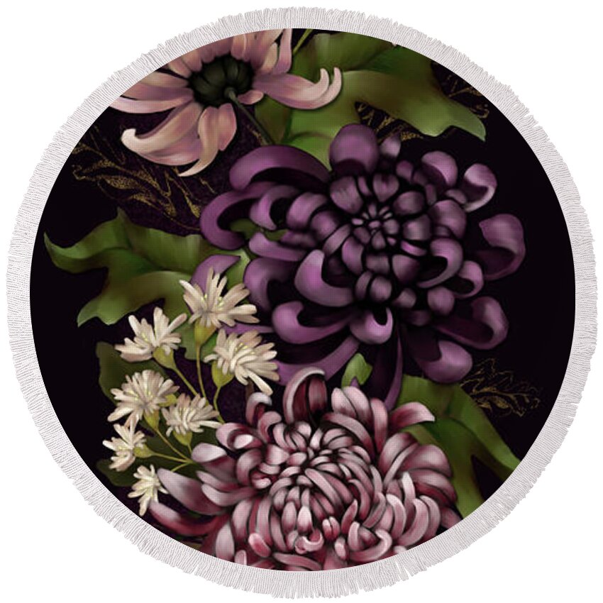 Chinoiserie Round Beach Towel featuring the digital art Chrysanthemums and Butterfly Modern Chinoiserie dark purple by Sand And Chi