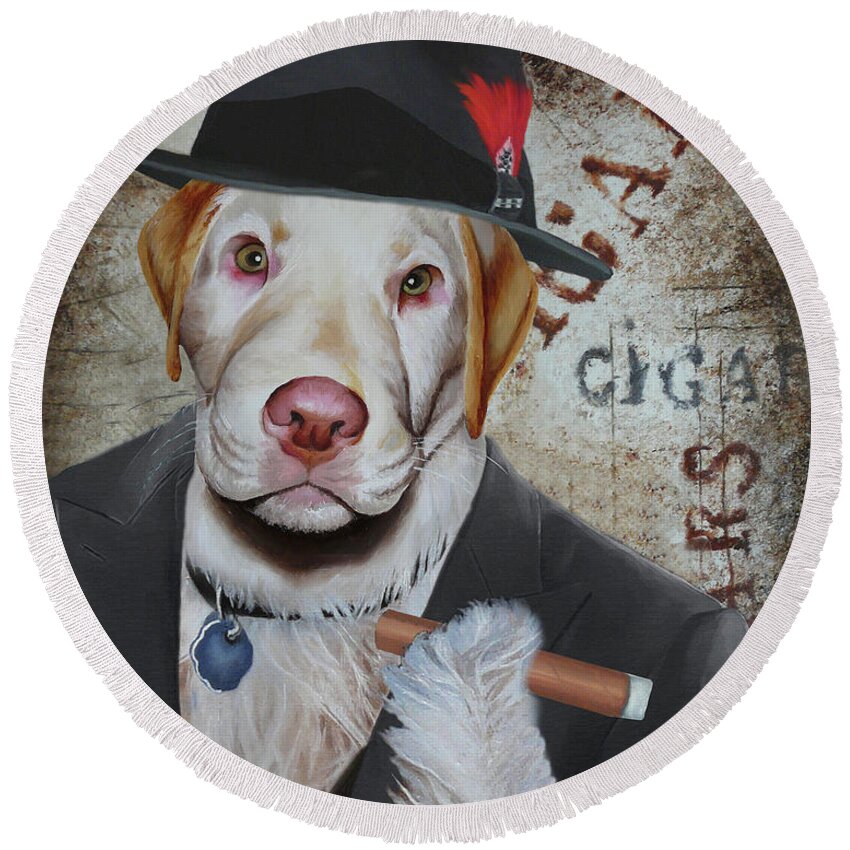 Cigar Round Beach Towel featuring the painting Cigar Dallas Dog by Vic Ritchey