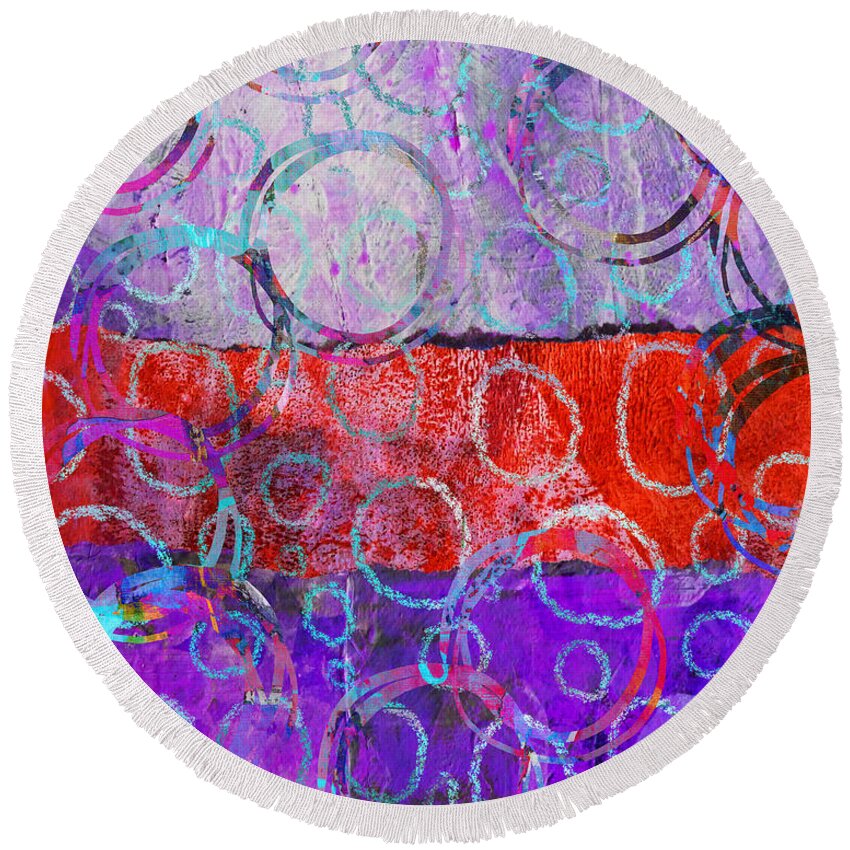 Abstract Collage Round Beach Towel featuring the mixed media Circle Dance 2 by Nancy Merkle