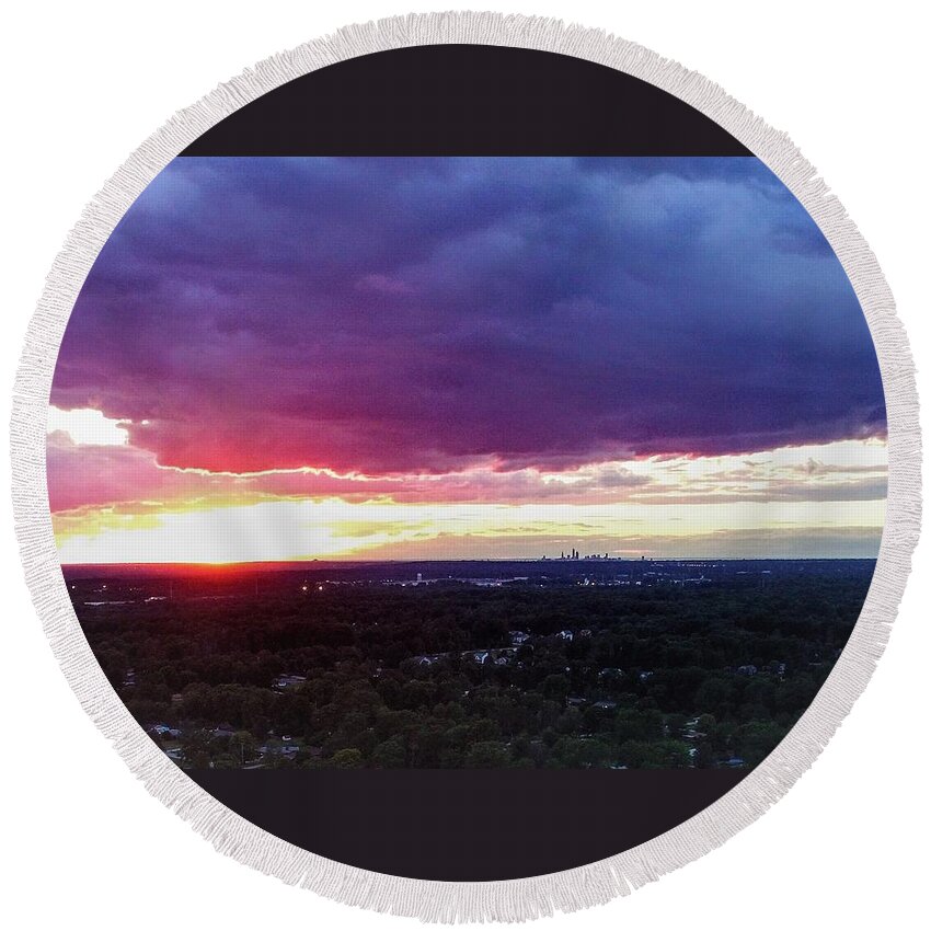  Round Beach Towel featuring the photograph Cleveland Sunset - Drone by Brad Nellis