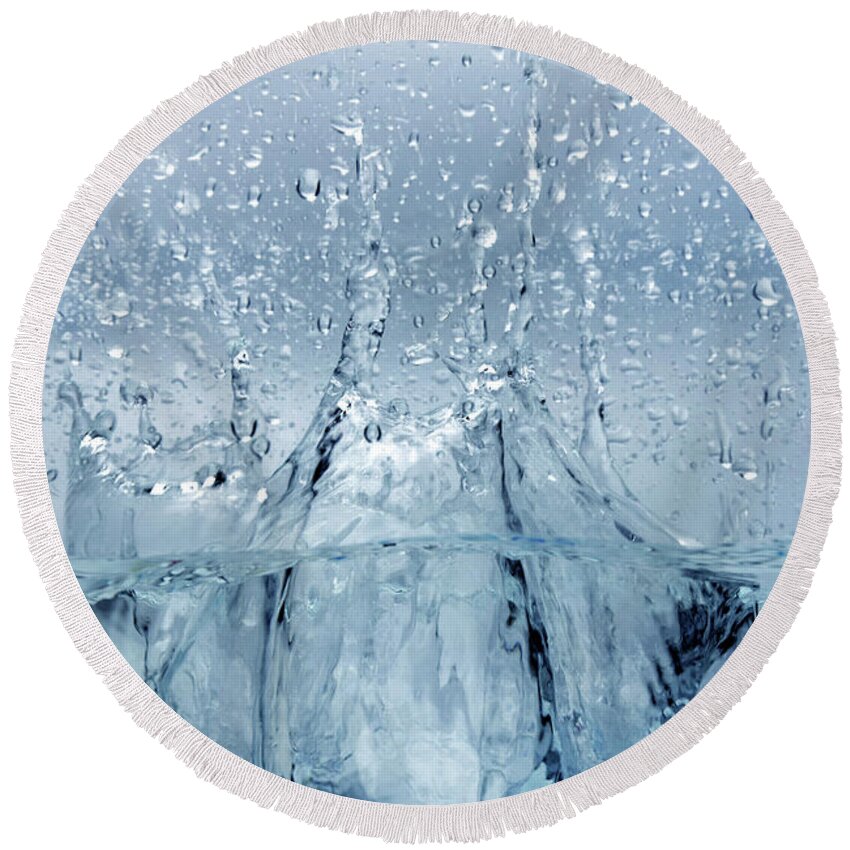 Abstract Round Beach Towel featuring the photograph Close Up Of The Water Splash Blue #1 by Severija Kirilovaite