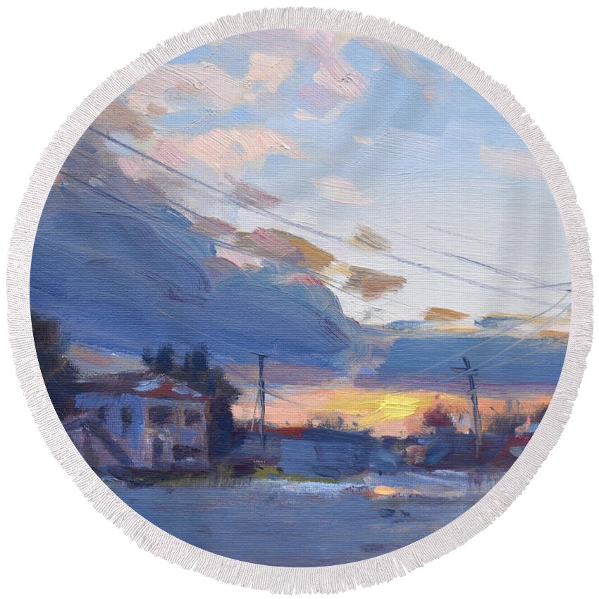 Cloudy Sunset Round Beach Towel featuring the painting Cloudy Sunset by Ylli Haruni