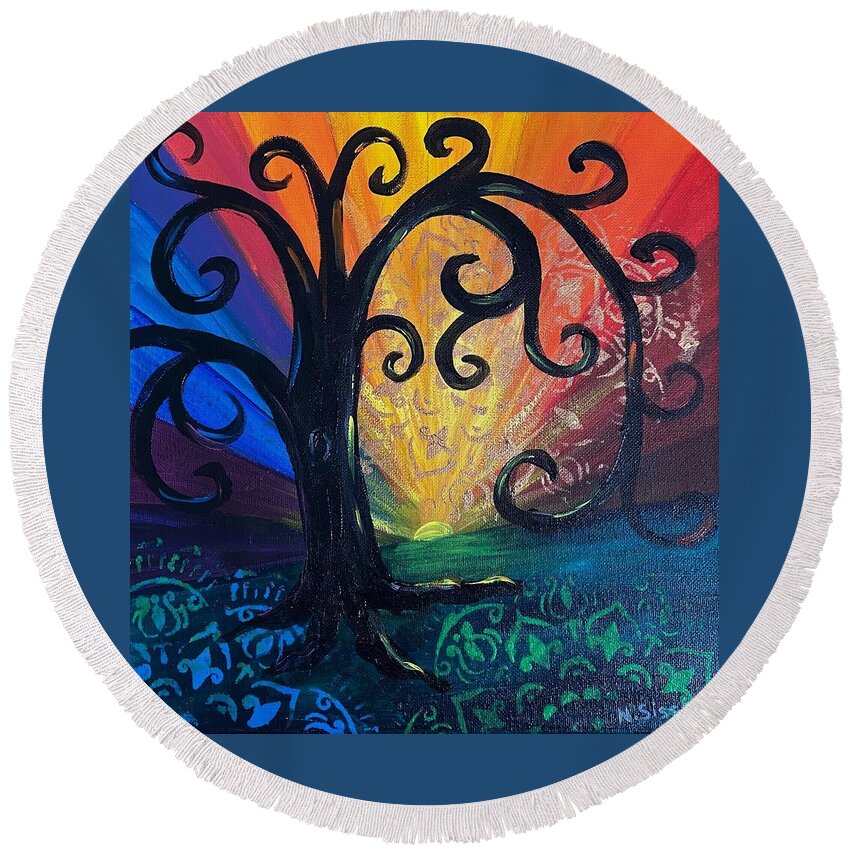 Tree Of Life Round Beach Towel featuring the painting Colorful Life #1 by Nancy Sisco