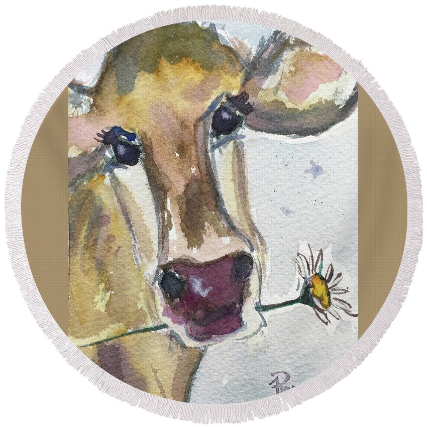 Cow Round Beach Towel featuring the painting Daisy by Roxy Rich