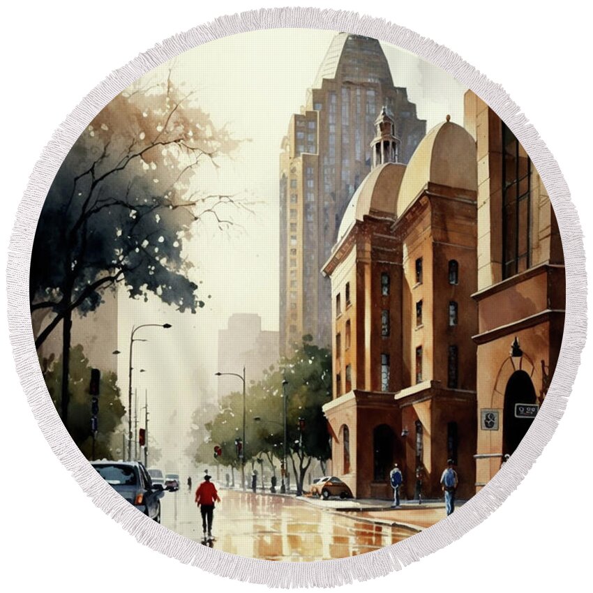 Dallas Round Beach Towel featuring the painting Dallas Streets Watercolor I #1 by Naxart Studio