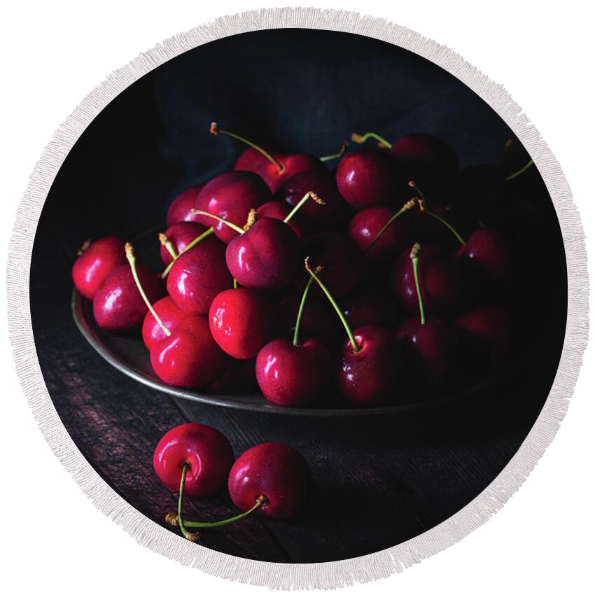 Vegan Round Beach Towel featuring the photograph  Dark red cherries on a pewter plate #1 by Jane Rix