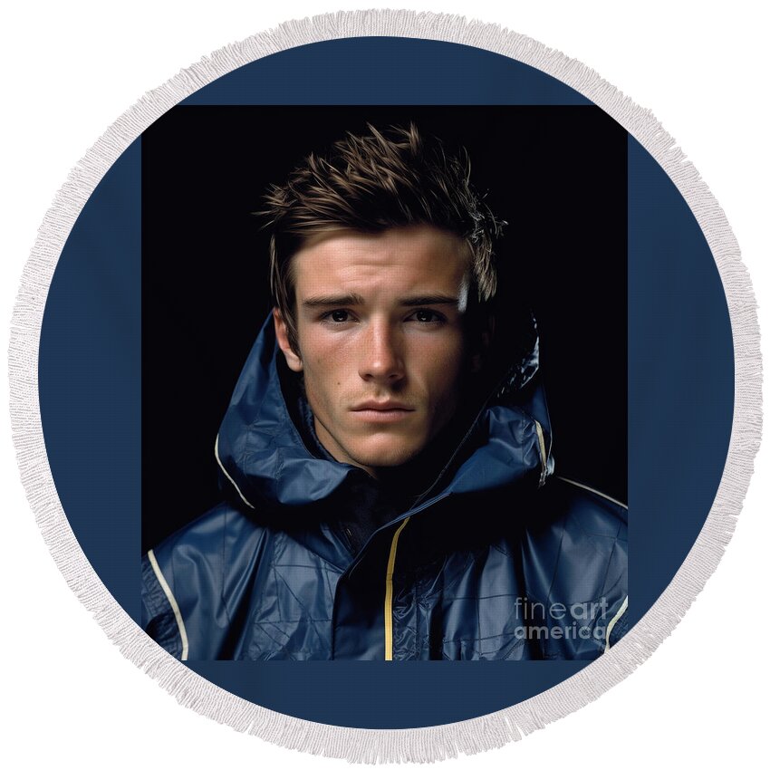 David Beckham As High School Fashion Model Art Round Beach Towel featuring the painting David Beckham as High School Fashion model  by Asar Studios #1 by Celestial Images