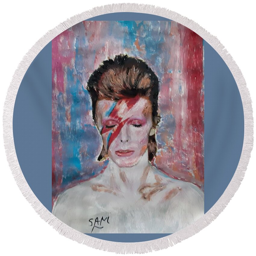 Ground Control Round Beach Towel featuring the painting David Bowie #2 by Sam Shaker