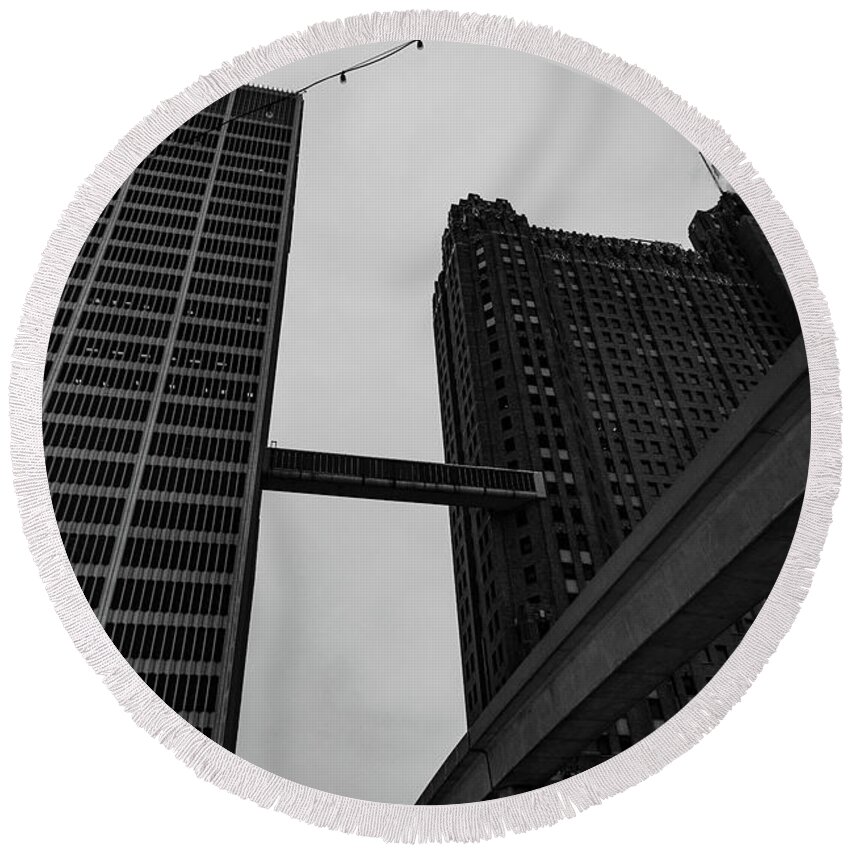 Detroit Michigan Round Beach Towel featuring the photograph Downtown Detroit Michigan in Black and White #1 by Eldon McGraw