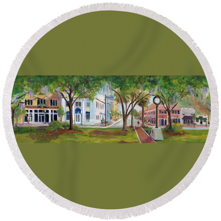 Sebring Florida Round Beach Towel featuring the painting Downtown Sebring Morning #1 by Linda Kegley