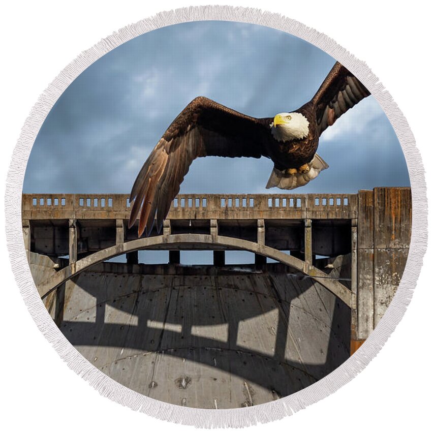 Eagle Round Beach Towel featuring the photograph Eagle at the Dam #1 by David Wagenblatt