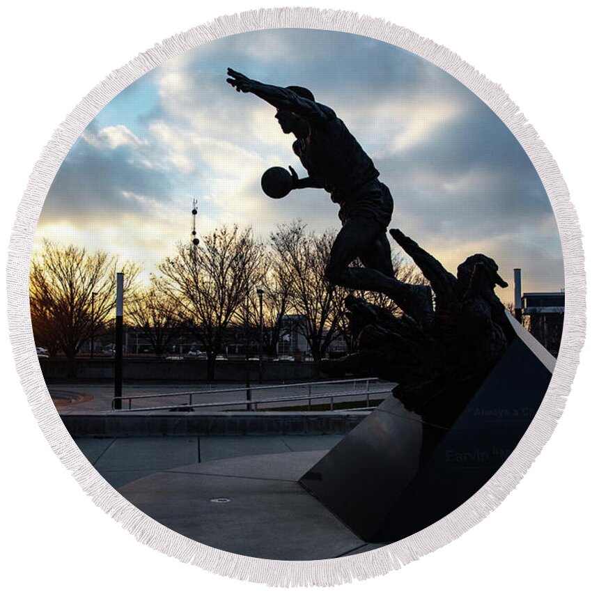 Msu Spartans Round Beach Towel featuring the photograph Earvin Magic Johnson statue at sunset at Michigan State University #1 by Eldon McGraw