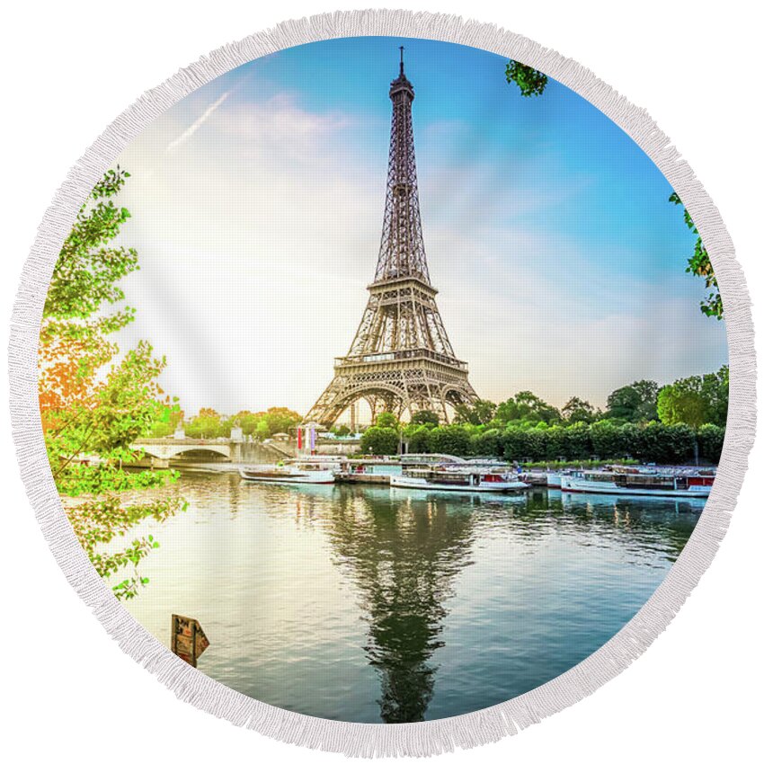 Eiffel Round Beach Towel featuring the photograph Eiffel Tour over Seine river #1 by Anastasy Yarmolovich