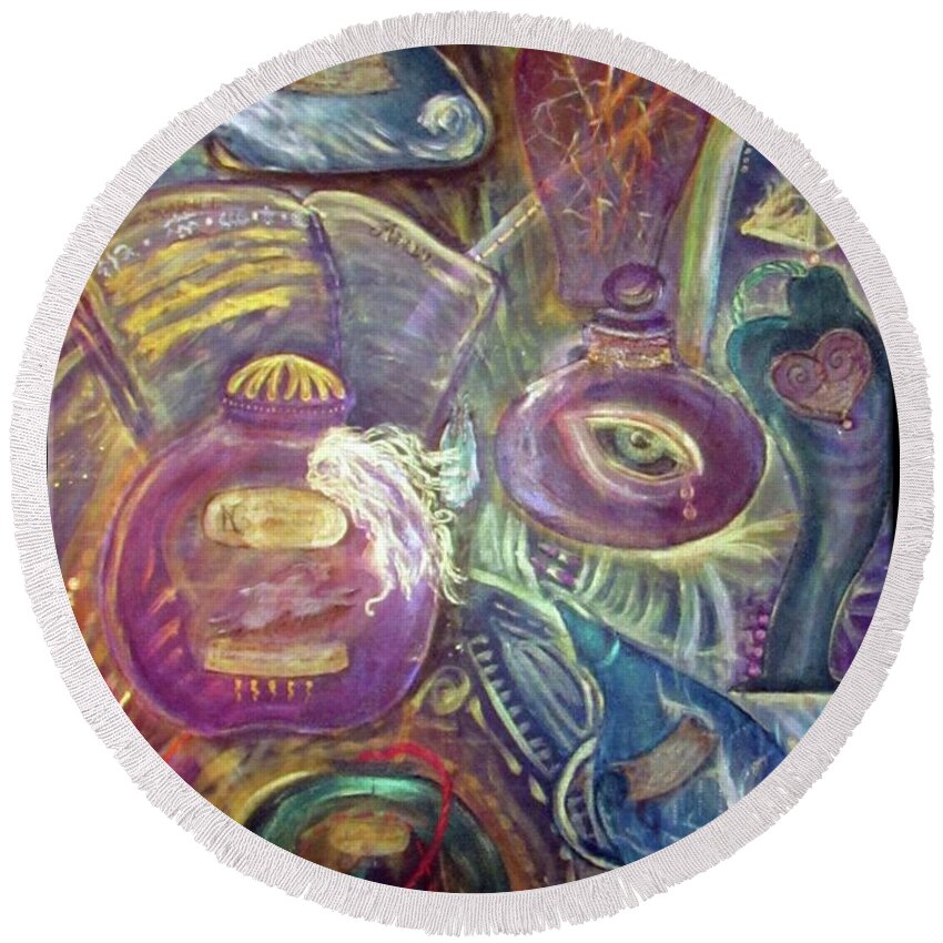 Apothecary Round Beach Towel featuring the painting Esoterica's Apothecary by Feather Redfox