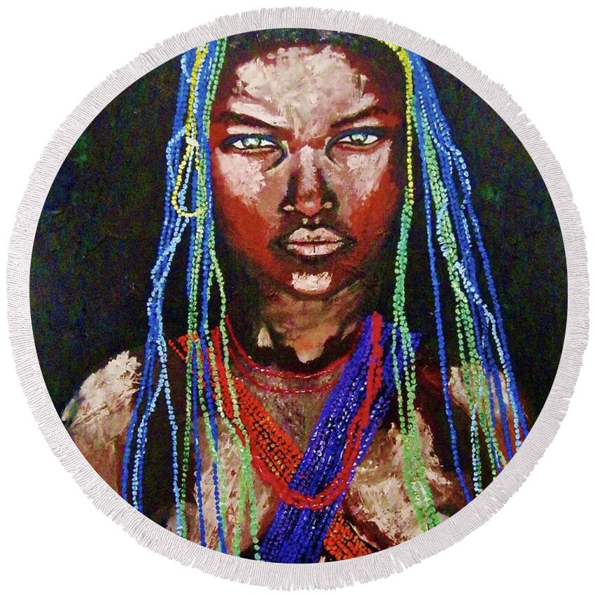 Africa Round Beach Towel featuring the painting Ethnic Beauty #1 by Kowie Theron