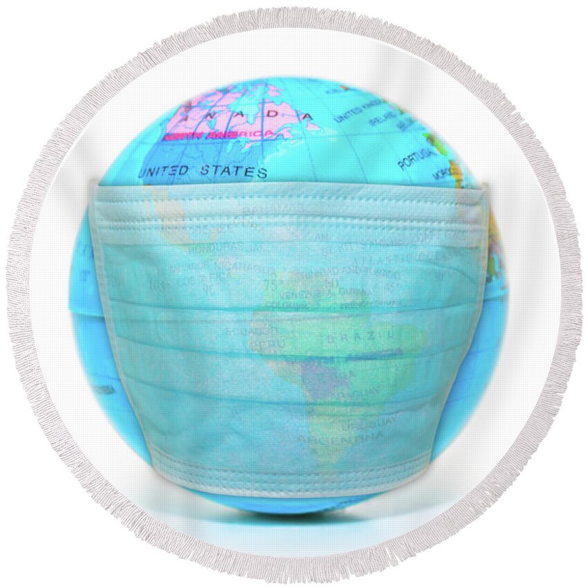 Coronavirus Round Beach Towel featuring the photograph Face Mask On Sick World Globe #1 by Benny Marty